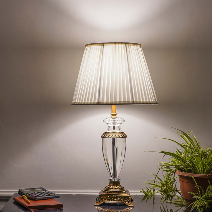 RAMZI Clear Crystal With Antique Brass Finish Table Lamp With White Cotton Shade