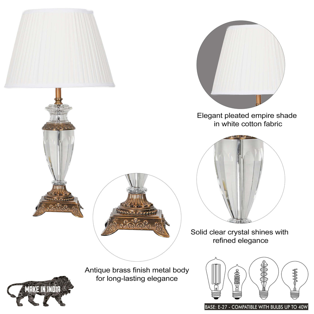 RAMZI Clear Crystal With Antique Brass Finish Table Lamp With White Cotton Shade