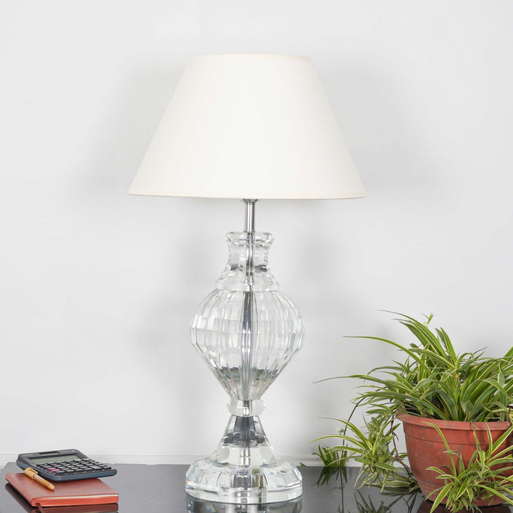 LENA Trophy Shaped Clear Crystal Table Lamp With White Cotton Shade