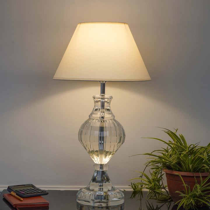 LENA Trophy Shaped Clear Crystal Table Lamp With White Cotton Shade