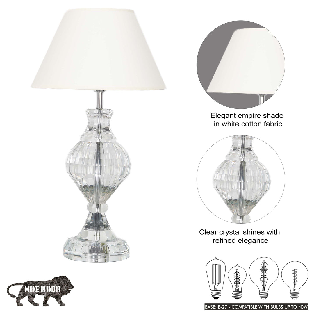 LENA Trophy Shaped Clear Crystal Table Lamp With White Cotton Shade