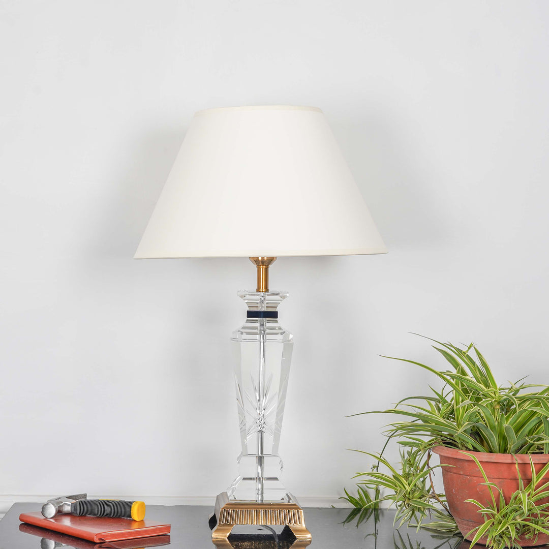 JURA Clear Crystal With Antique Brass Finish Table Lamp With White Cotton Shade
