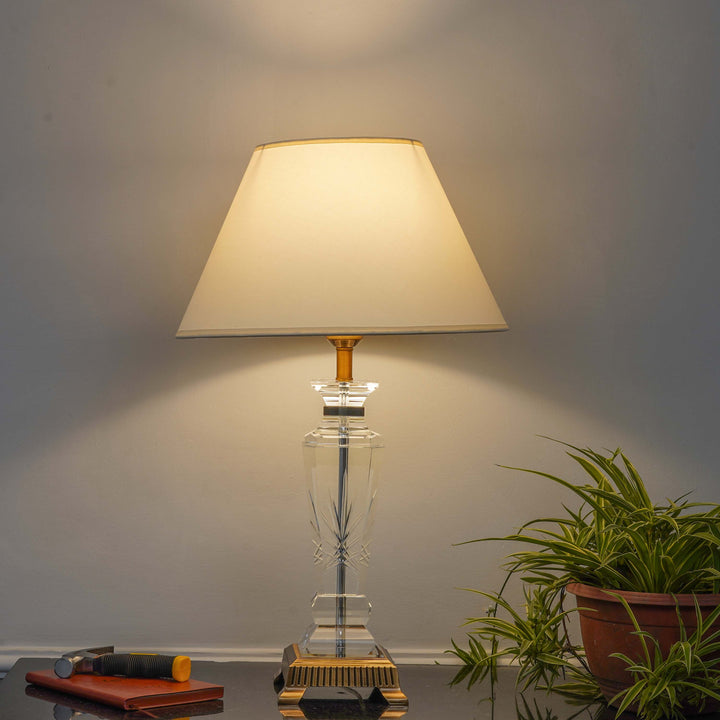 JURA Clear Crystal With Antique Brass Finish Table Lamp With White Cotton Shade