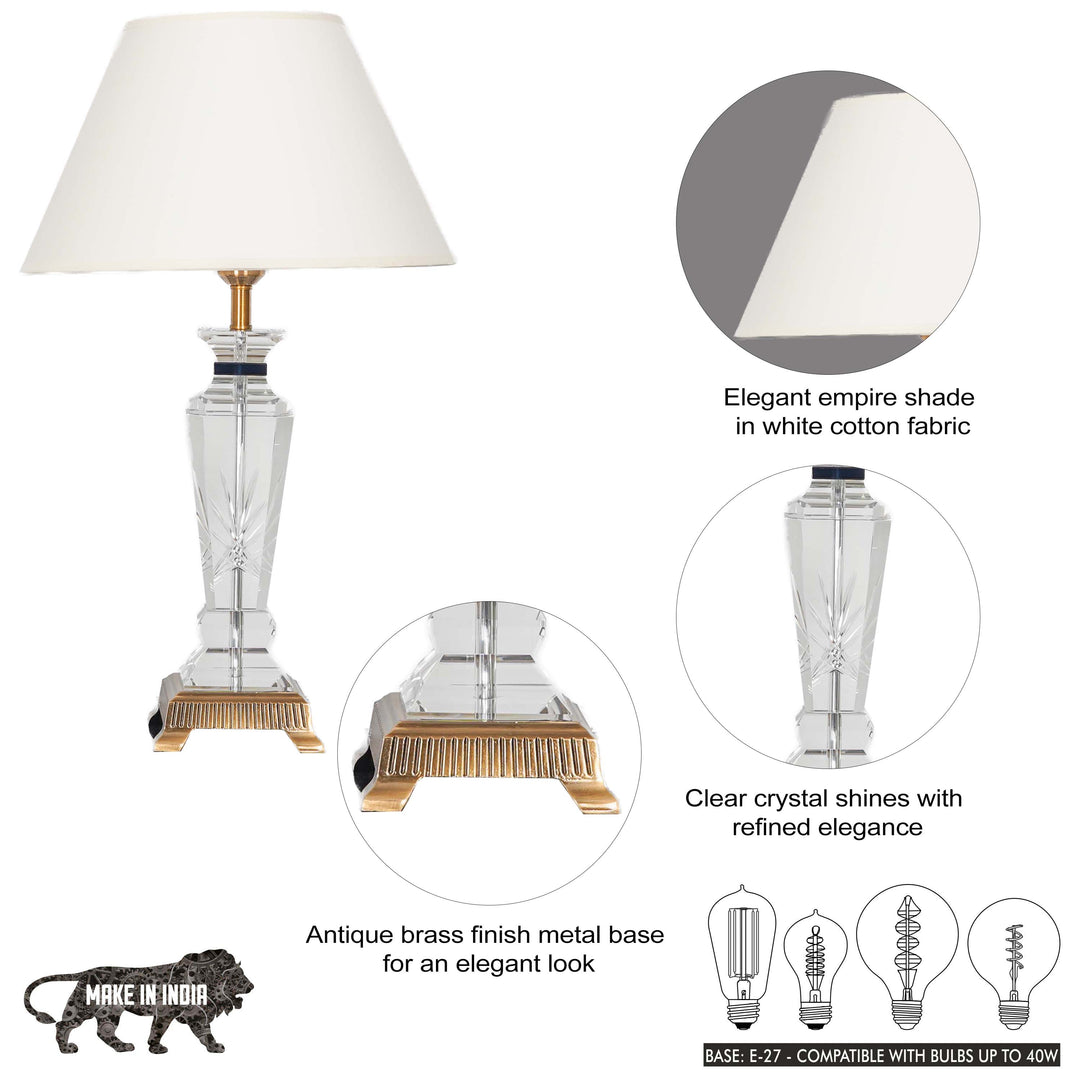 JURA Clear Crystal With Antique Brass Finish Table Lamp With White Cotton Shade