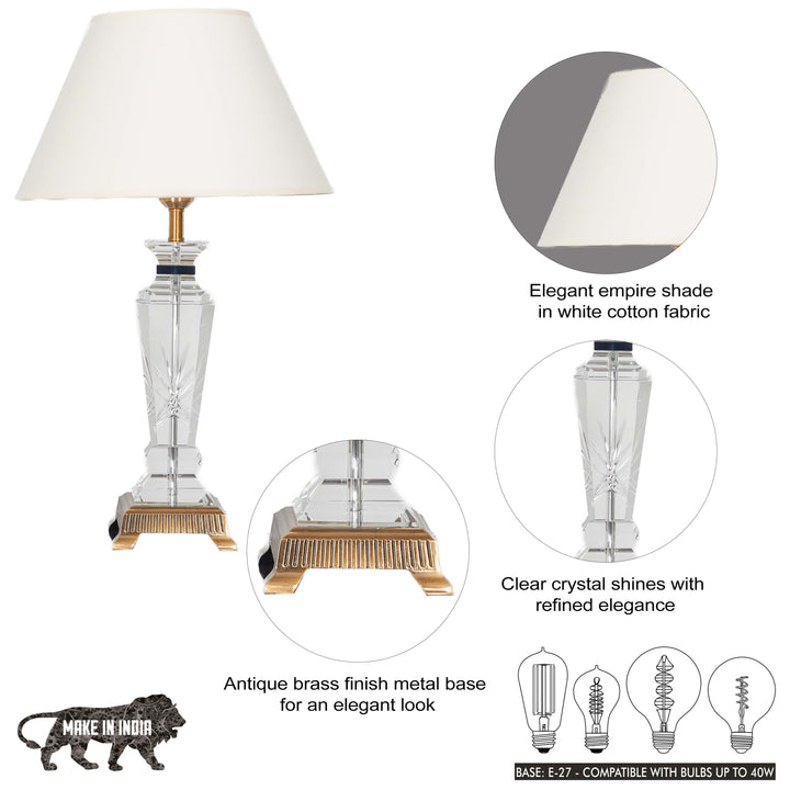 JURA Clear Crystal With Antique Brass Finish Table Lamp With White Cotton Shade