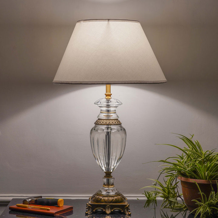 ASPLEY Clear Crystal With Antique Brass Finish Table Lamp With White Cotton Shade