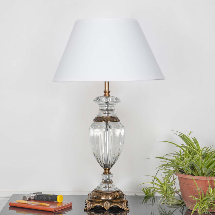 ASPLEY Clear Crystal With Antique Brass Finish Table Lamp With White Cotton Shade