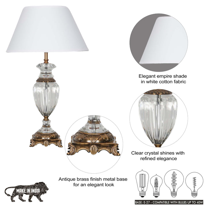 ASPLEY Clear Crystal With Antique Brass Finish Table Lamp With White Cotton Shade
