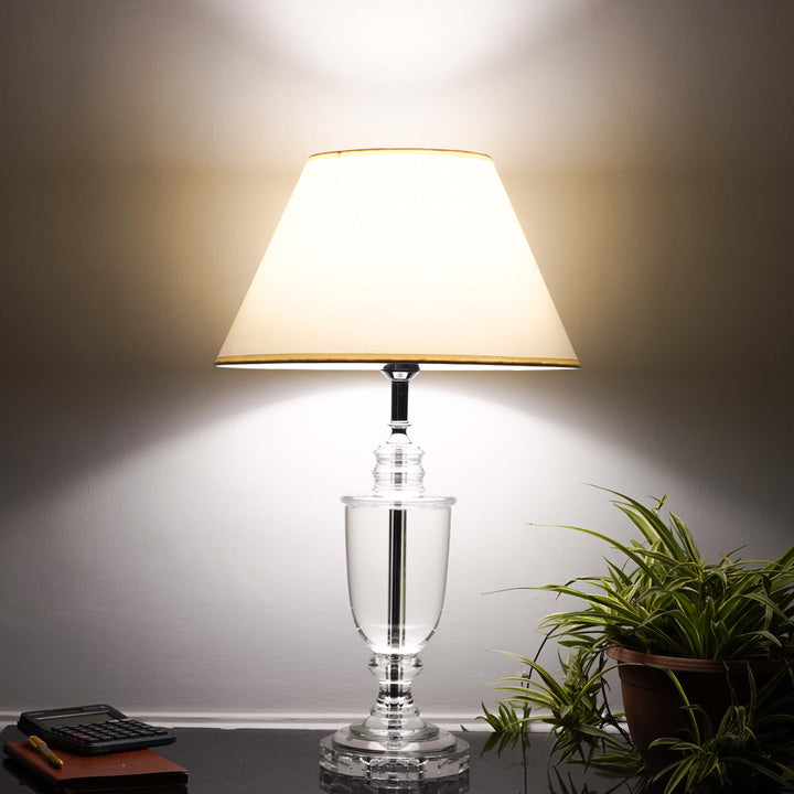 JULES Trophy Shaped Clear Crystal Table Lamp With White Cotton Shade
