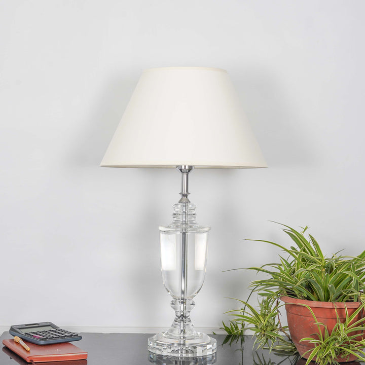 JULES Trophy Shaped Clear Crystal Table Lamp With White Cotton Shade