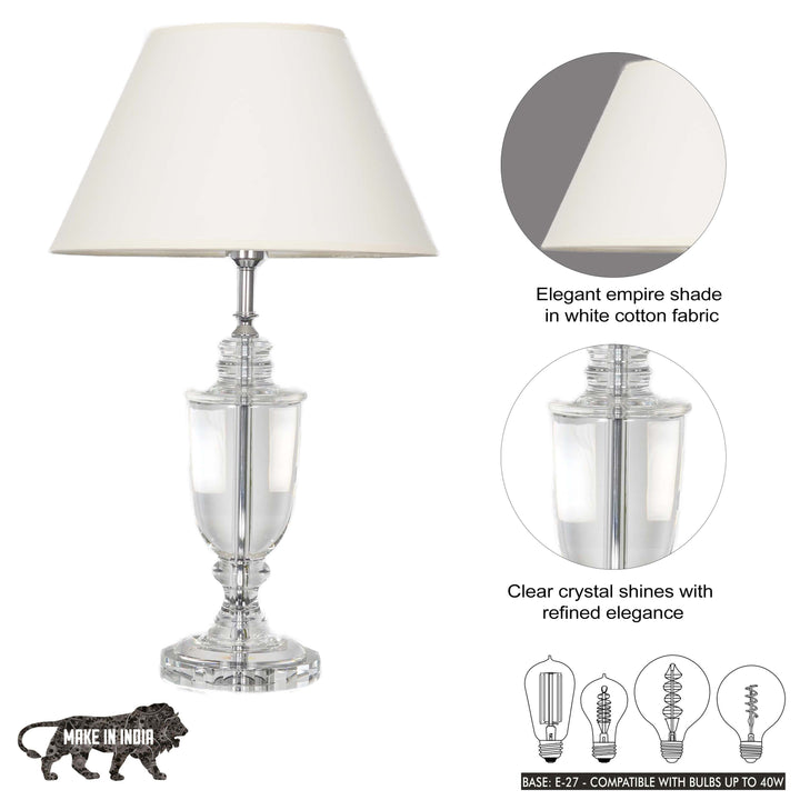 JULES Trophy Shaped Clear Crystal Table Lamp With White Cotton Shade