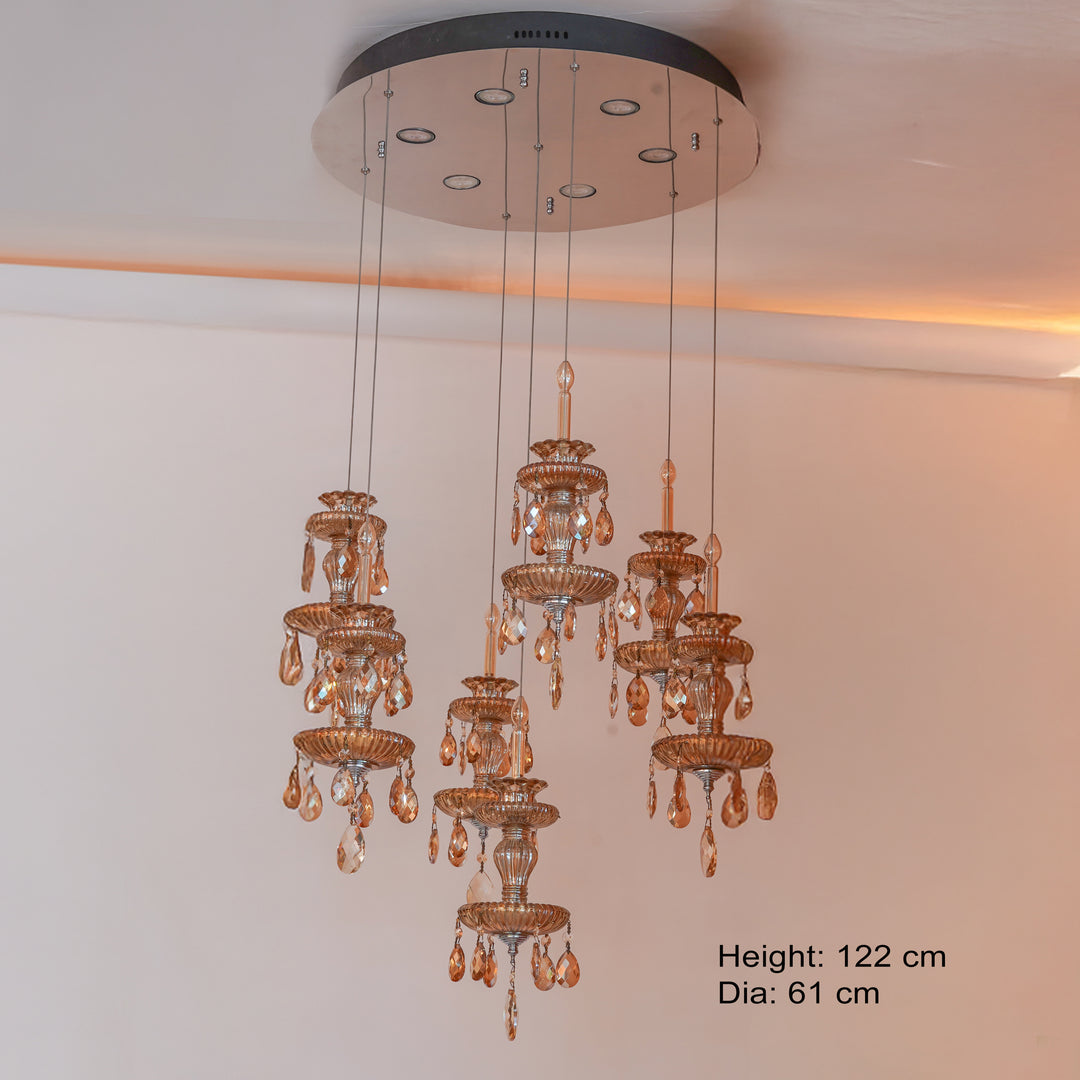 LANNON Teak Finish heavy Crystals & Glass Pendant Light