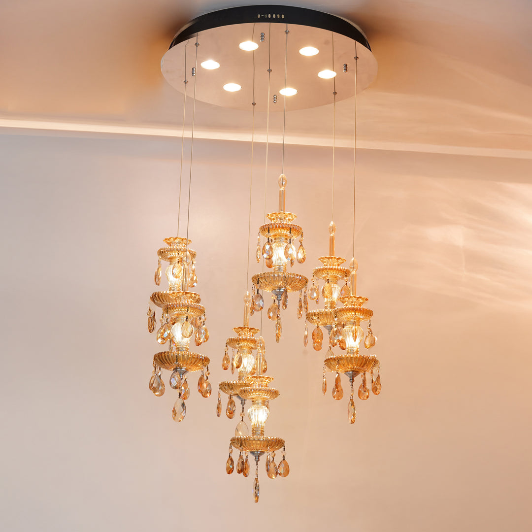 LANNON Teak Finish heavy Crystals & Glass Pendant Light