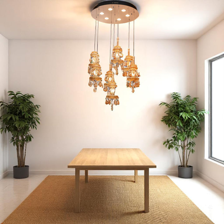 LANNON Teak Finish heavy Crystals & Glass Pendant Light