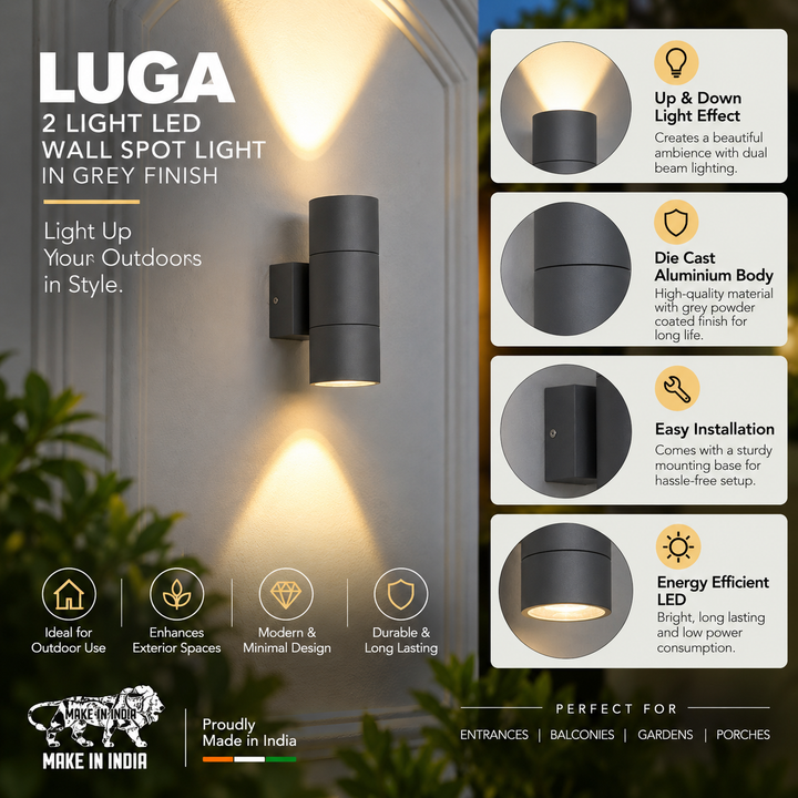 LUGA 2 Light LED Wall Sportlight In Grey Finish