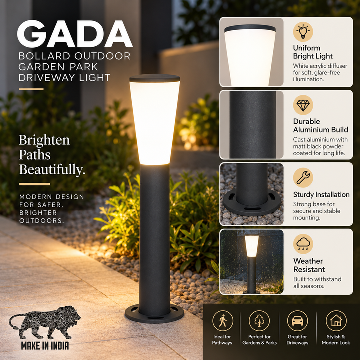 GADA Bollard Outdoor Garden Park Driveway Light In Black & White Finish