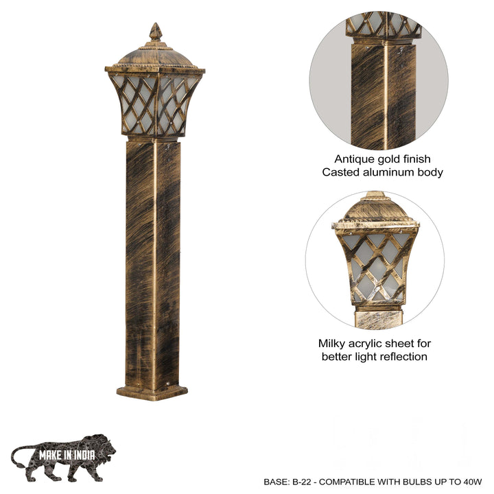 EMERITA Single Light Outdoor Bollard Light In Antique Gold Finish