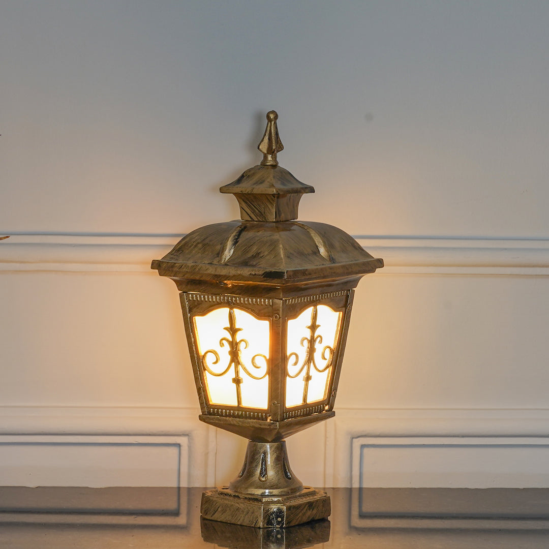MULLION Single Light Outdoor Pedestal Gate Light In Antique Gold Finish