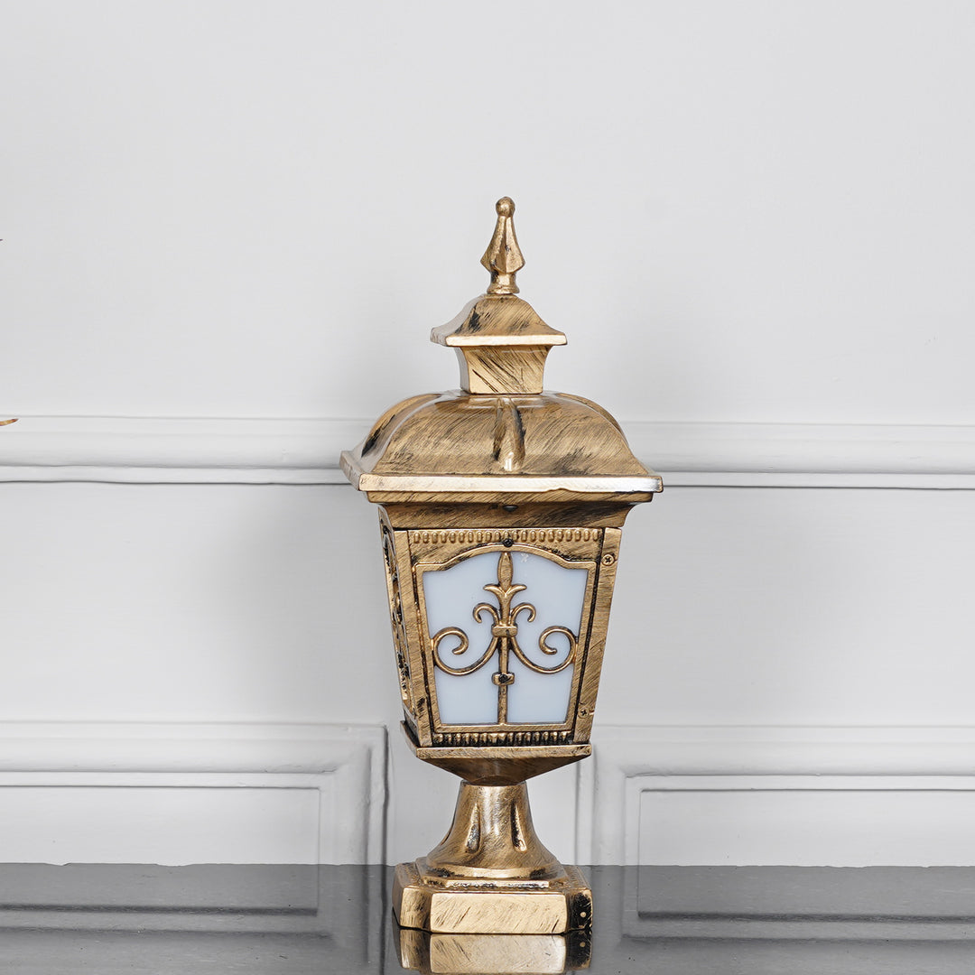 MULLION Single Light Outdoor Pedestal Gate Light In Antique Gold Finish
