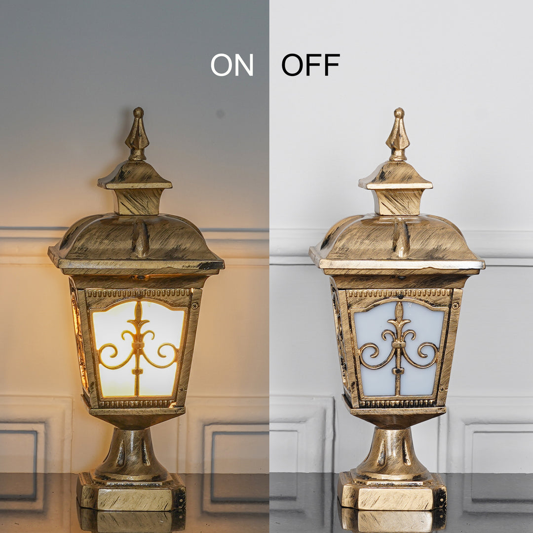 MULLION Single Light Outdoor Pedestal Gate Light In Antique Gold Finish