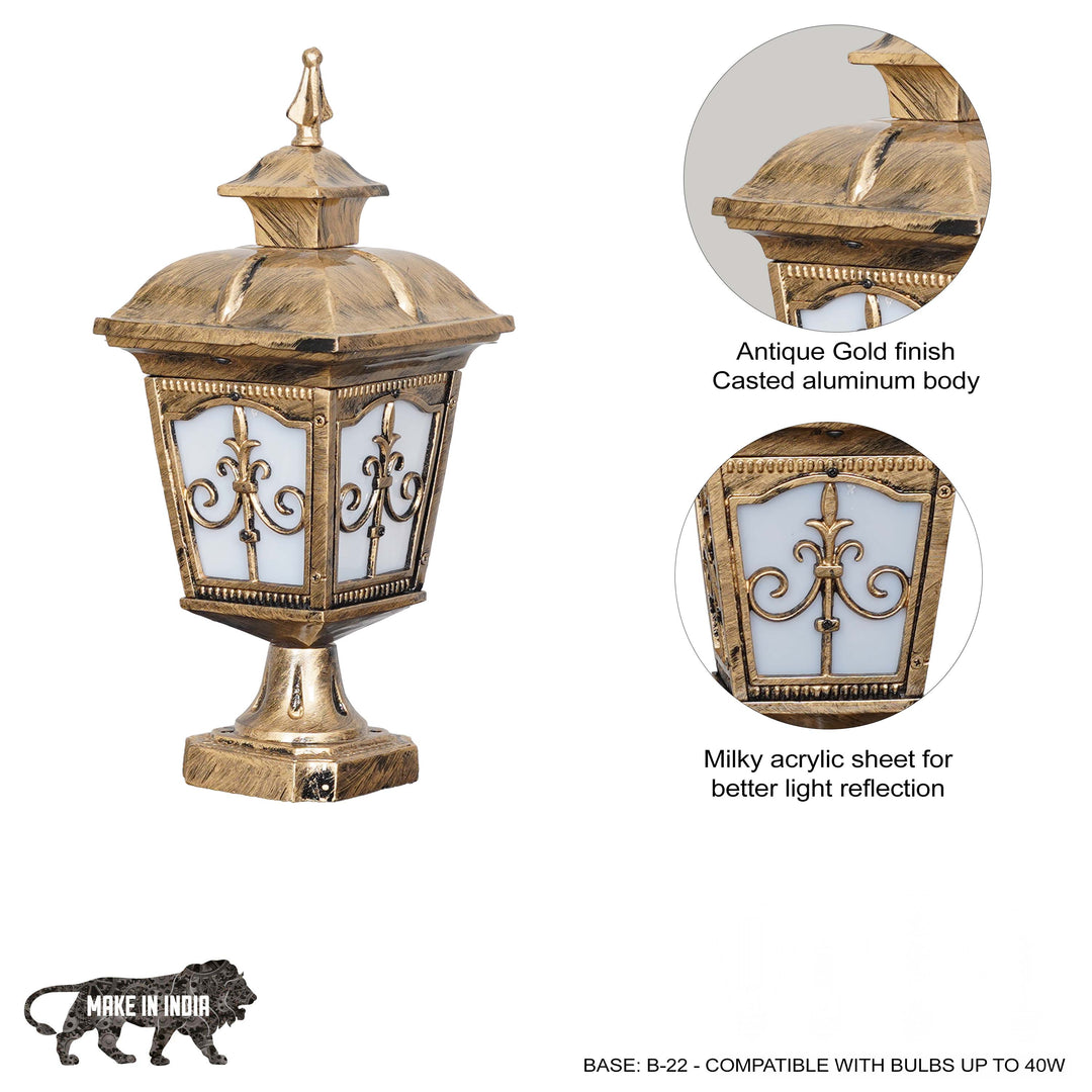 MULLION Single Light Outdoor Pedestal Gate Light In Antique Gold Finish