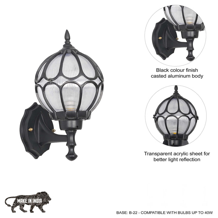 BRINDOX Decorative Aluminum Outdoor Wall Lamp in Black Finish
