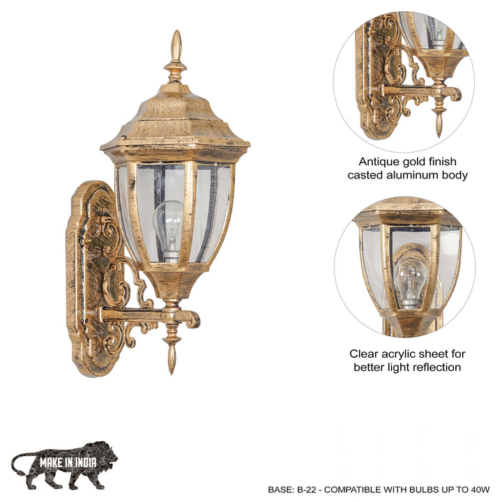 GRIVALE Decorative Aluminium Outdoor Wall Lamp in  Antique Gold Finish