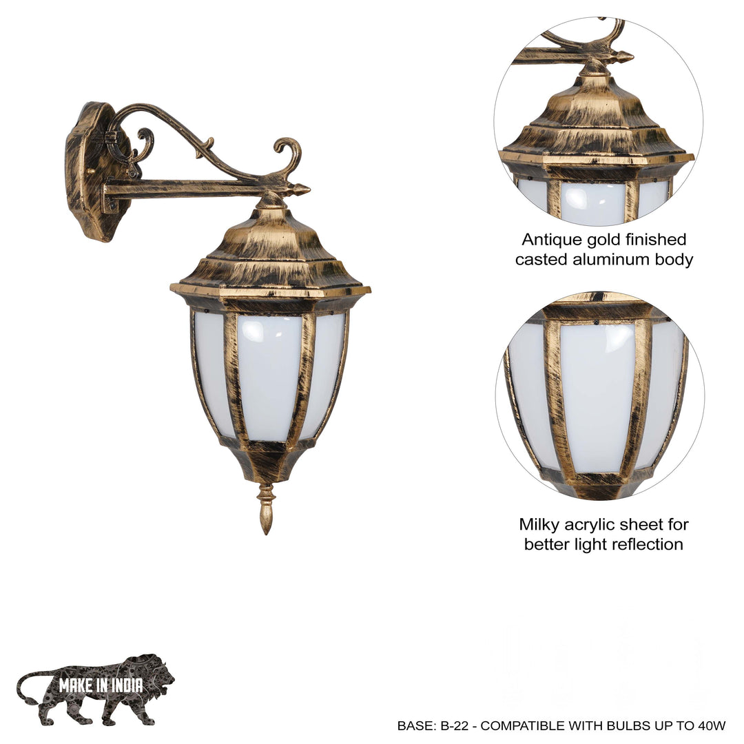 QUILVEX Decorative Aluminium Outdoor Wall Lamp in  Antique Gold Finish