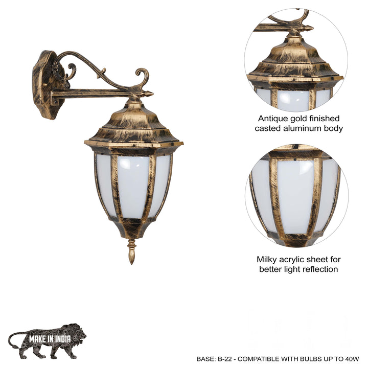 QUILVEX Decorative Aluminium Outdoor Wall Lamp in  Antique Gold Finish