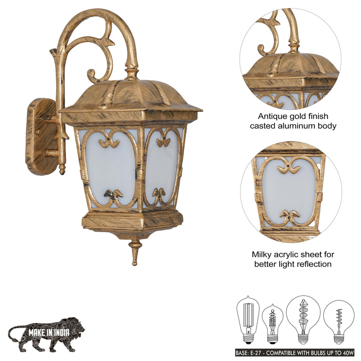 CHAPEL Decorative Aluminium Outdoor Wall Lamp in  Antique Gold Finish