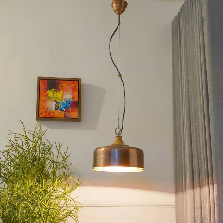 Rondur hammered effect metal and wood pendant Light