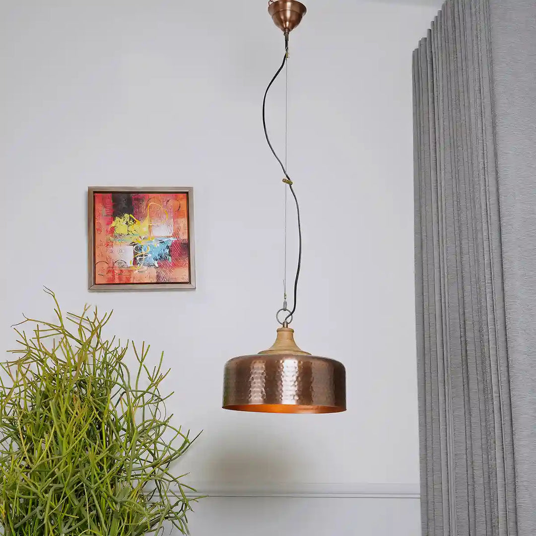 Rondur hammered effect metal and wood pendant Light