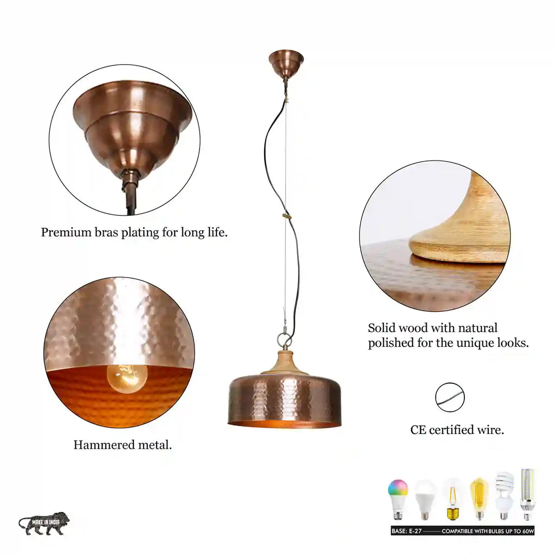 Rondur hammered effect metal and wood pendant Light