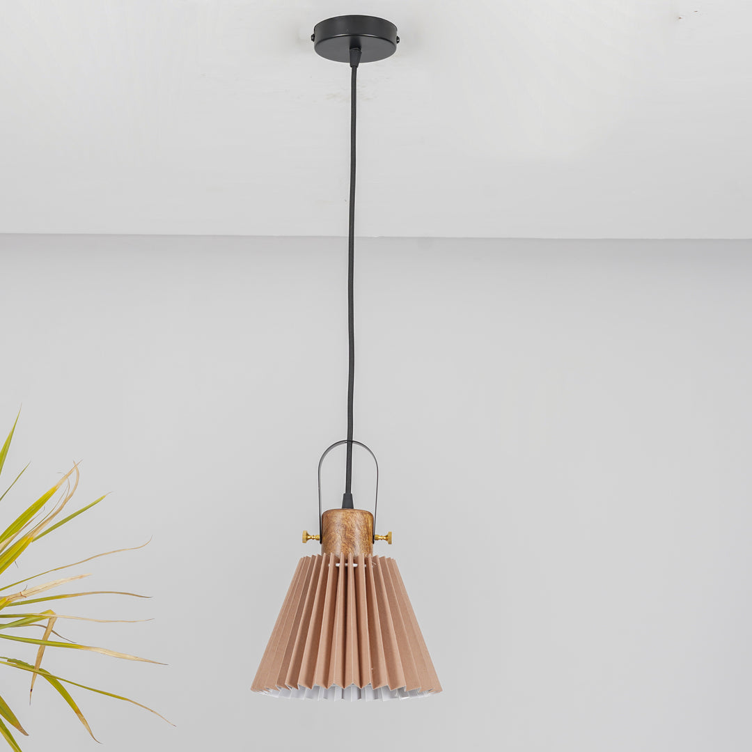 LIEBE shade wood and metal Hanging Pendant Light With Beige Cotton Shade