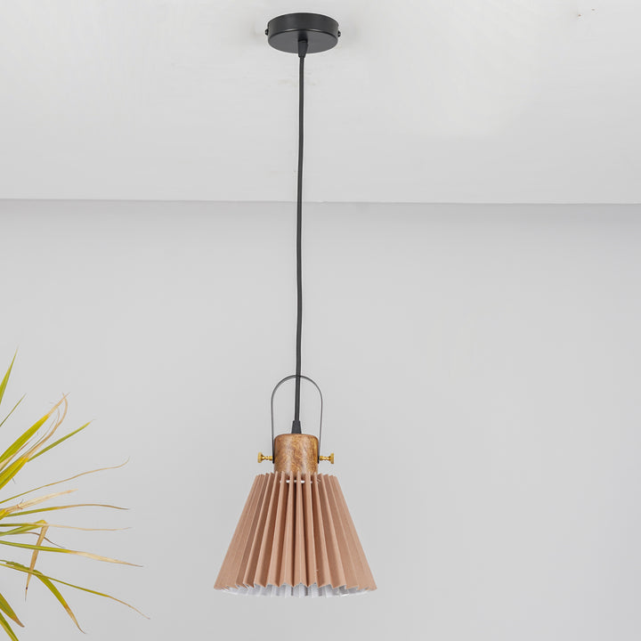 LIEBE shade wood and metal Hanging Pendant Light With Beige Cotton Shade