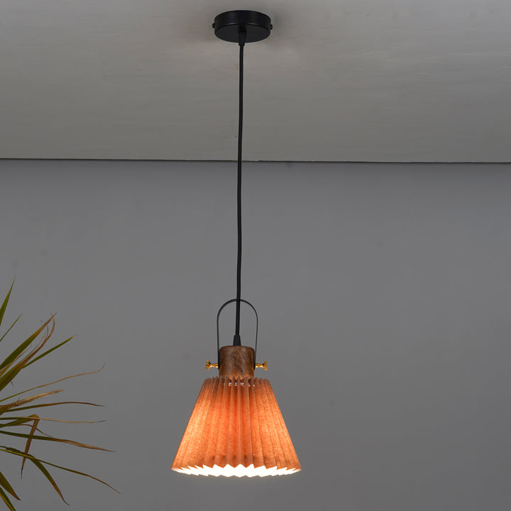 LIEBE shade wood and metal Hanging Pendant Light With Beige Cotton Shade