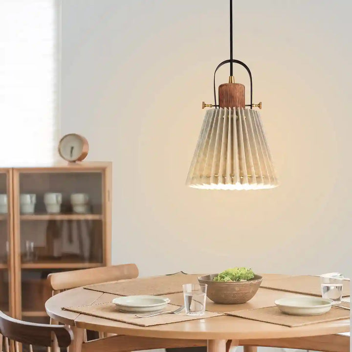 Liebe shade wood and metal Hanging Pendant Light With Beige Cotton Shade