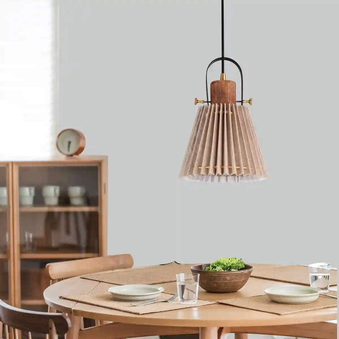 Liebe shade wood and metal Hanging Pendant Light With Beige Cotton Shade