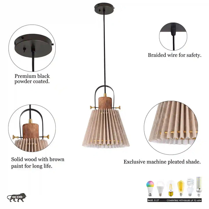 Liebe shade wood and metal Hanging Pendant Light With Beige Cotton Shade