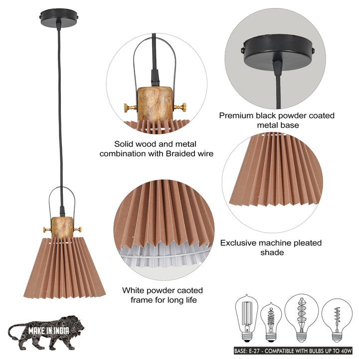 LIEBE shade wood and metal Hanging Pendant Light With Beige Cotton Shade