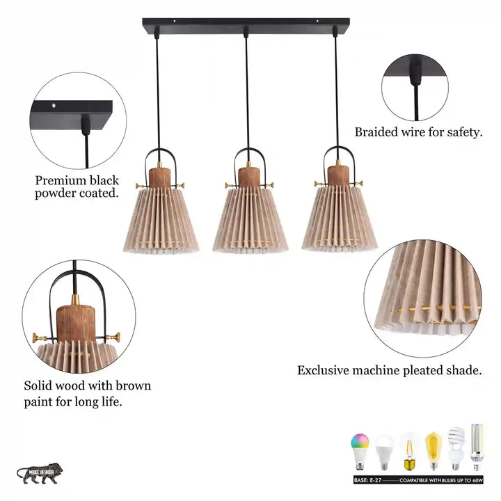 Liebe cluster wood and Metal hanging Pendant Light With Beige Cotton Shade