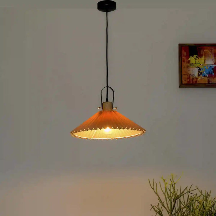 Dolmen shade wood and metal Hanging Pendant Light With Beige Cotton Shade