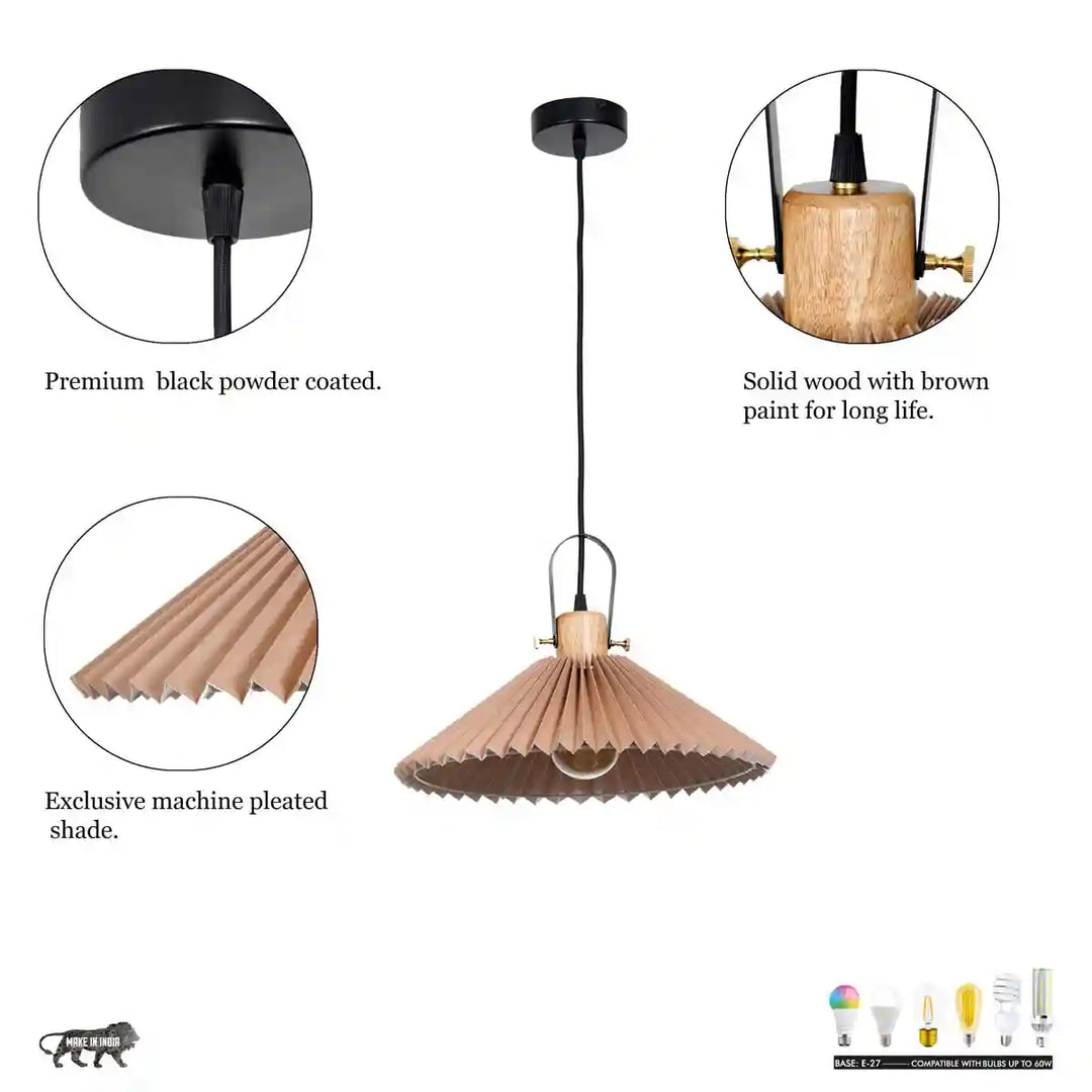 Dolmen shade wood and metal Hanging Pendant Light With Beige Cotton Shade