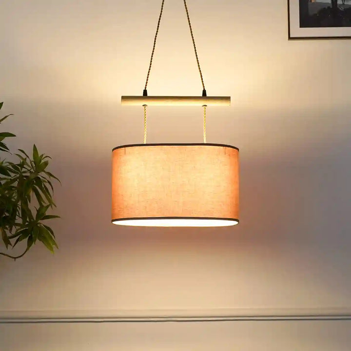 Tartan unique shade wood hanging Pendant Light With Beige Cotton Shade