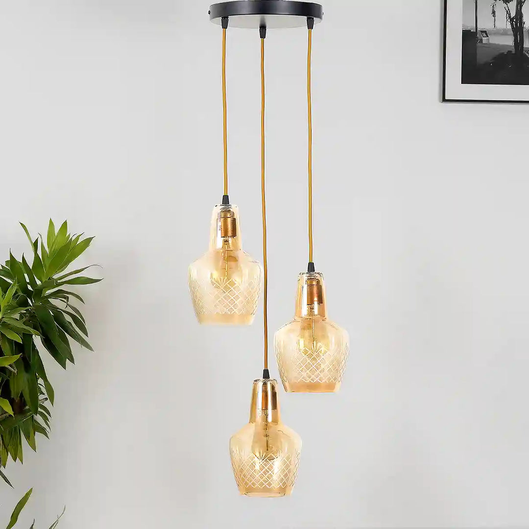 Alita 3-light Amber lustere Glass Brass Edge Pendant Cluster