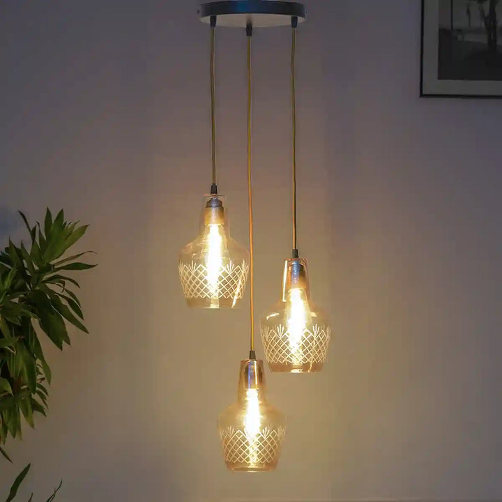 Alita 3-light Amber lustere Glass Brass Edge Pendant Cluster