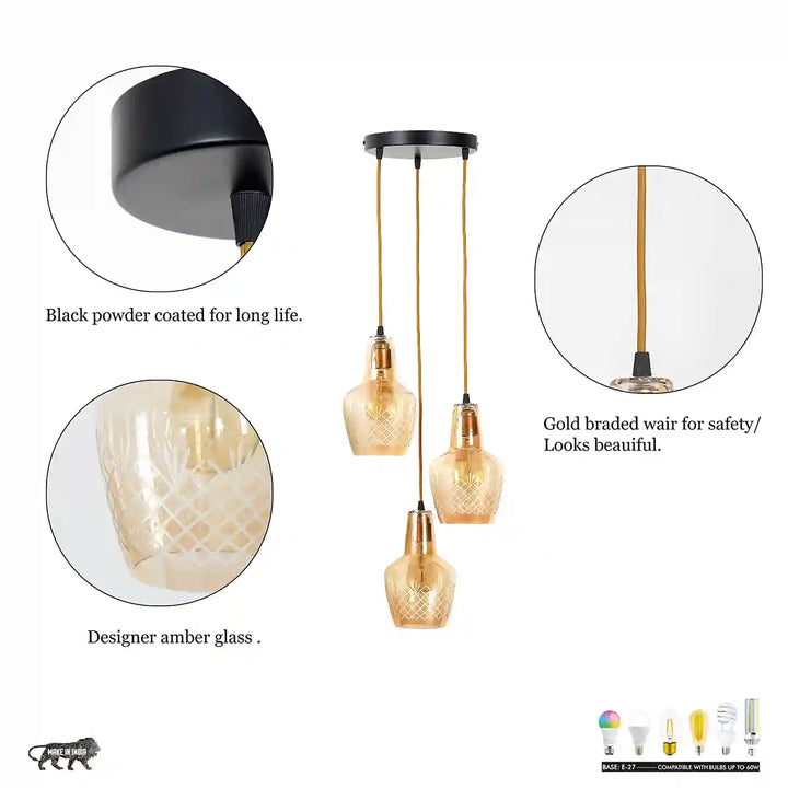 Alita 3-light Amber lustere Glass Brass Edge Pendant Cluster