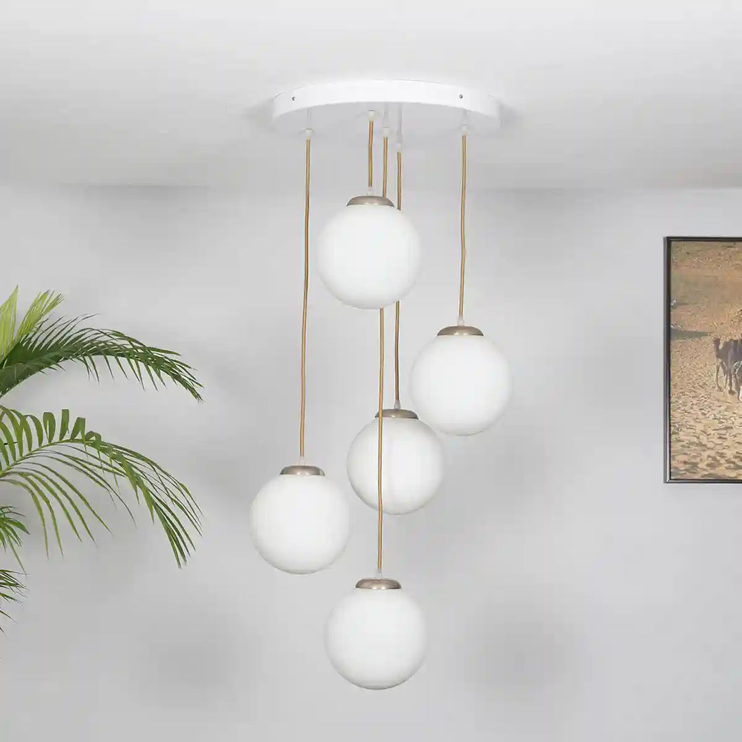 Lautrec 5 Light Ceiling Pendant In White Finish Metal With Frosted White Glass