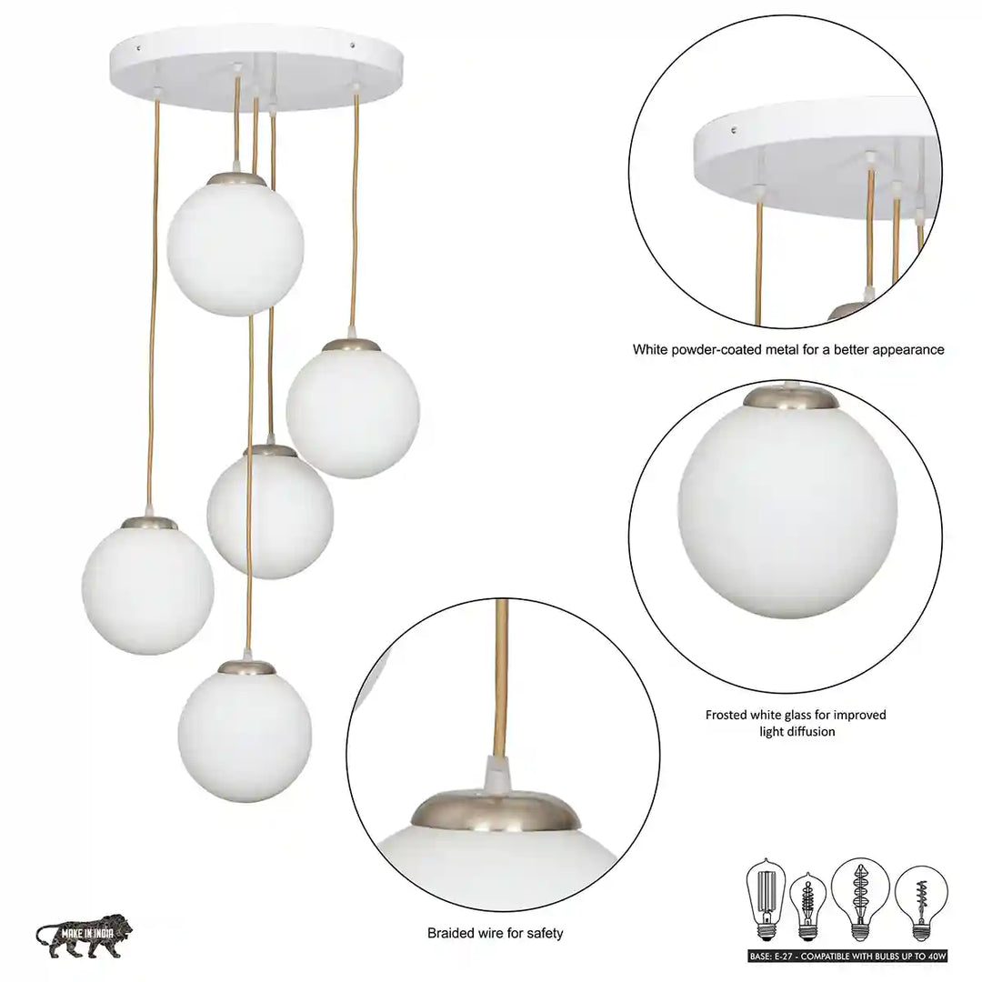 Lautrec 5 Light Ceiling Pendant In White Finish Metal With Frosted White Glass