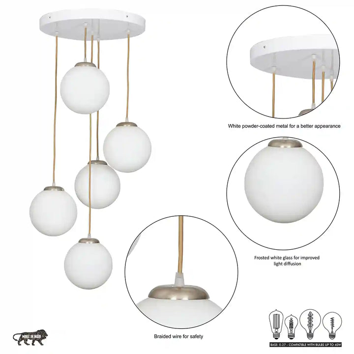 Lautrec 5 Light Ceiling Pendant In White Finish Metal With Frosted White Glass